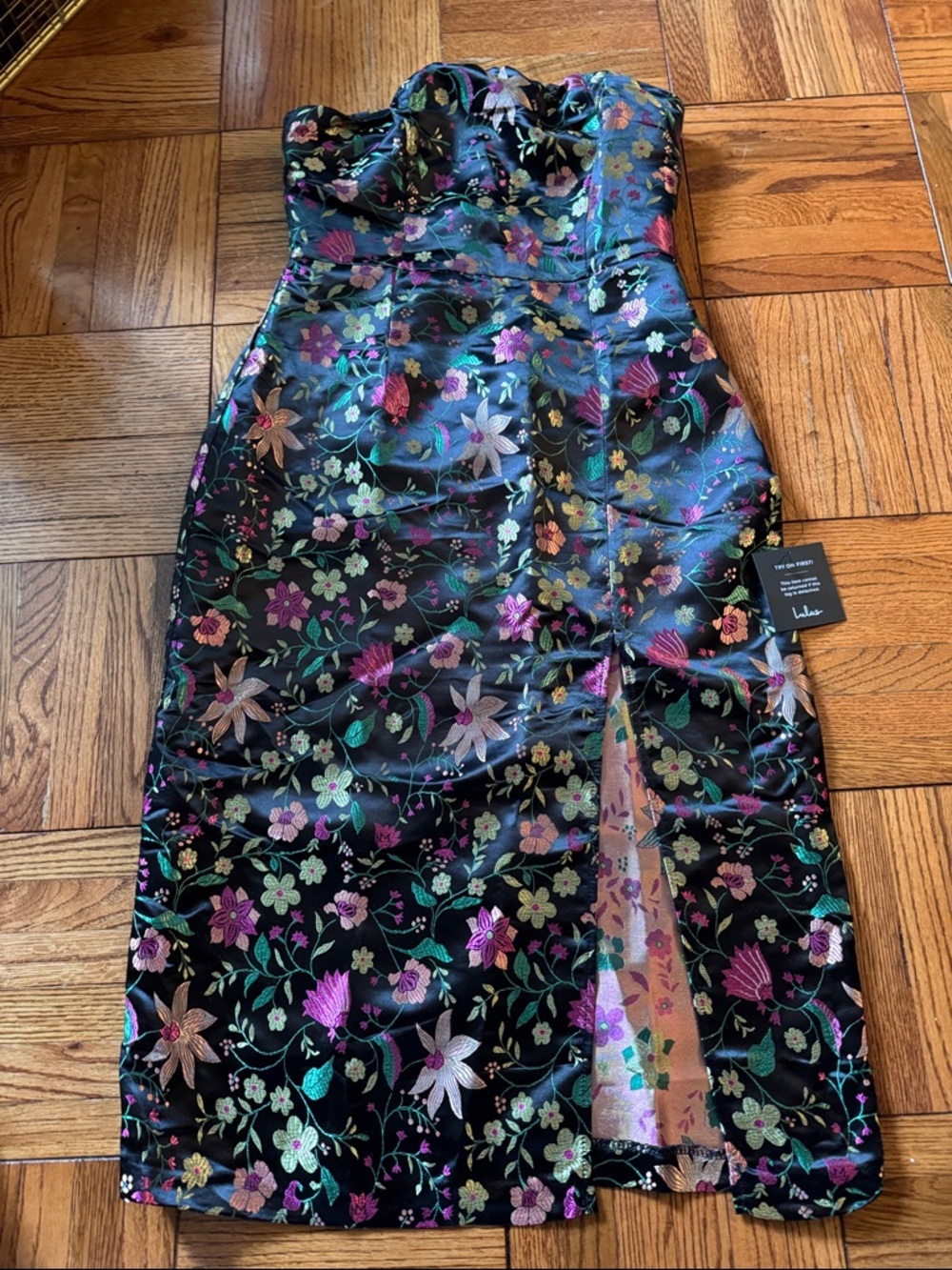 Lulu's Black Strapless Floral Embroidered Midi Dress